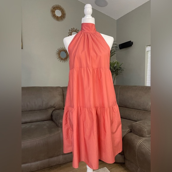 NWT Theory Tech Lawn Halter Tier Mini Dress in Pink Coral Sz M Fall Fashion Chic - Picture 4 of 11